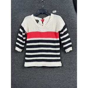 Pure Handknit Sweater Womens XS/S Cream Navy Red Stripe Cotton Lace Up Back